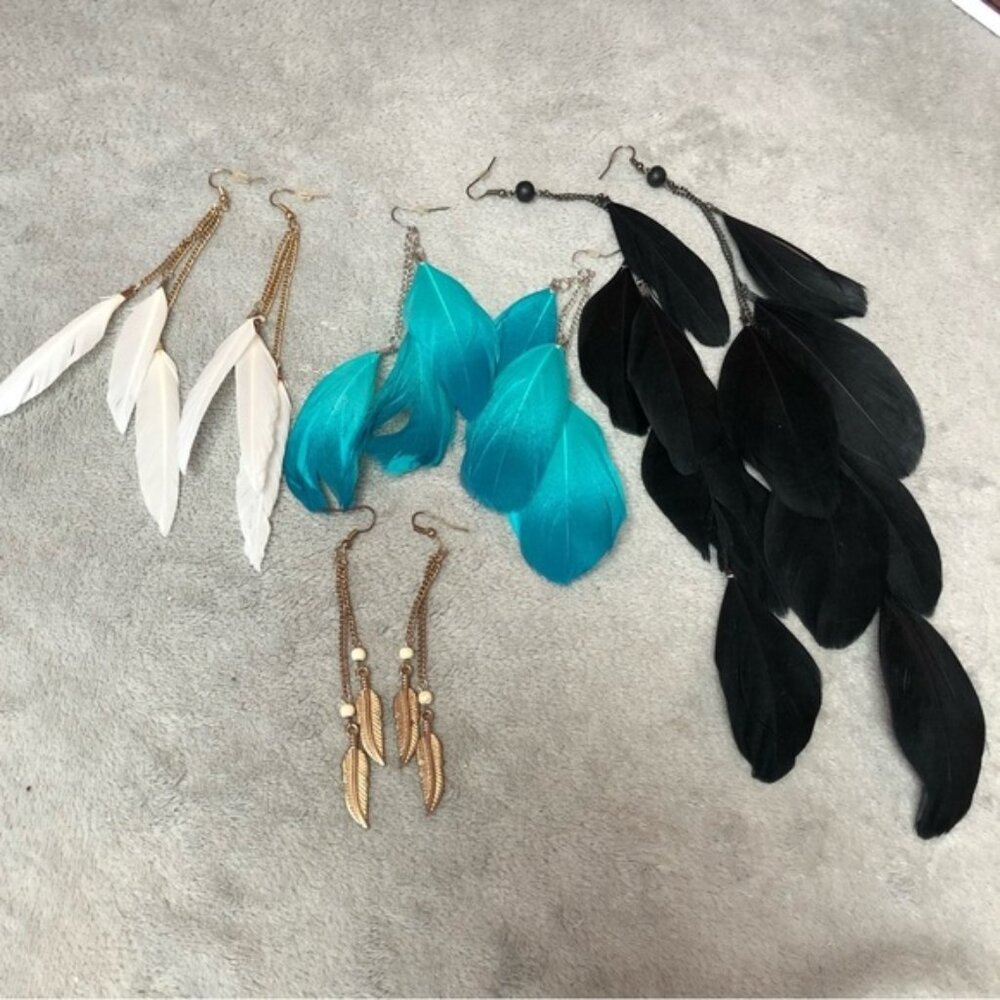 Feather Earrings - Set of 3 Pairs & Gold Tone Feather Earring